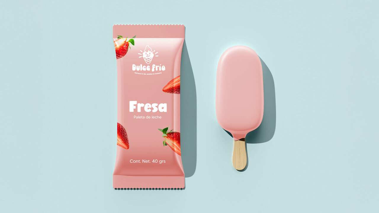 Nebly_DulceFrio_Paleta_2 Paleta de fresa de Dulce Frío, mostrando el diseño de empaque con el logotipo, ilustraciones de fresas y texto descriptivo. El diseño utiliza un fondo rosa claro.