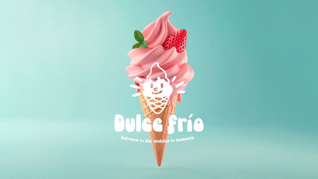 Nebly_Dulcefrio_Logo_1 Cono de helado de fresa de Dulce Frío, con el logotipo de la marca y el eslogan 'Refresca tu día, endulza tu momento'. El diseño de publicidad utiliza un fondo azul claro.