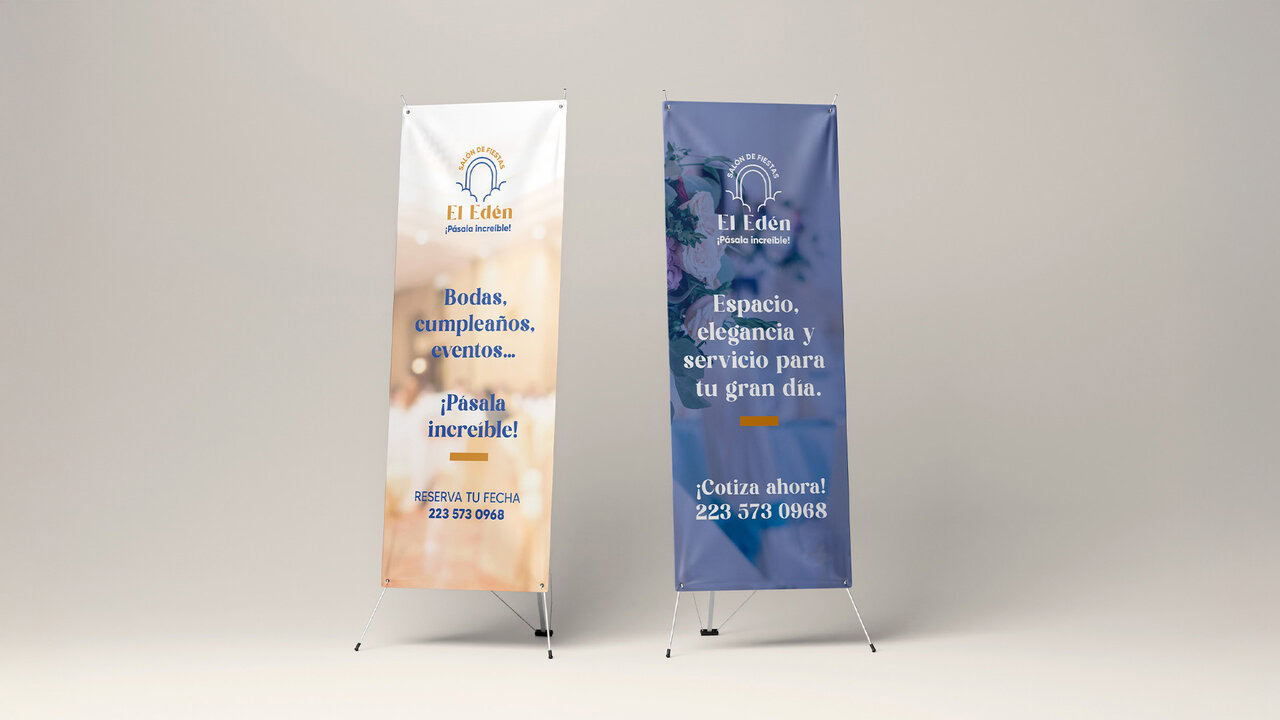 Nebly_ELEDEN_Banner_2 Dos banners publicitarios verticales de El Edén Salón de Fiestas. Diseño con el logotipo, eslogan y texto que promociona bodas, cumpleaños y eventos. Publicidad para eventos.