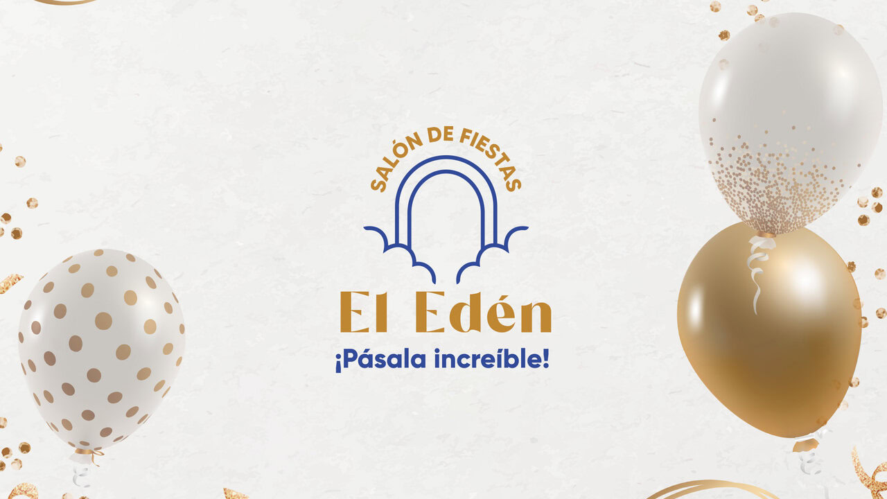Nebly_ELEDEN_Logo_1 Logotipo de El Edén Salón de Fiestas con globos y confeti como fondo. Diseño festivo para promoción de eventos.