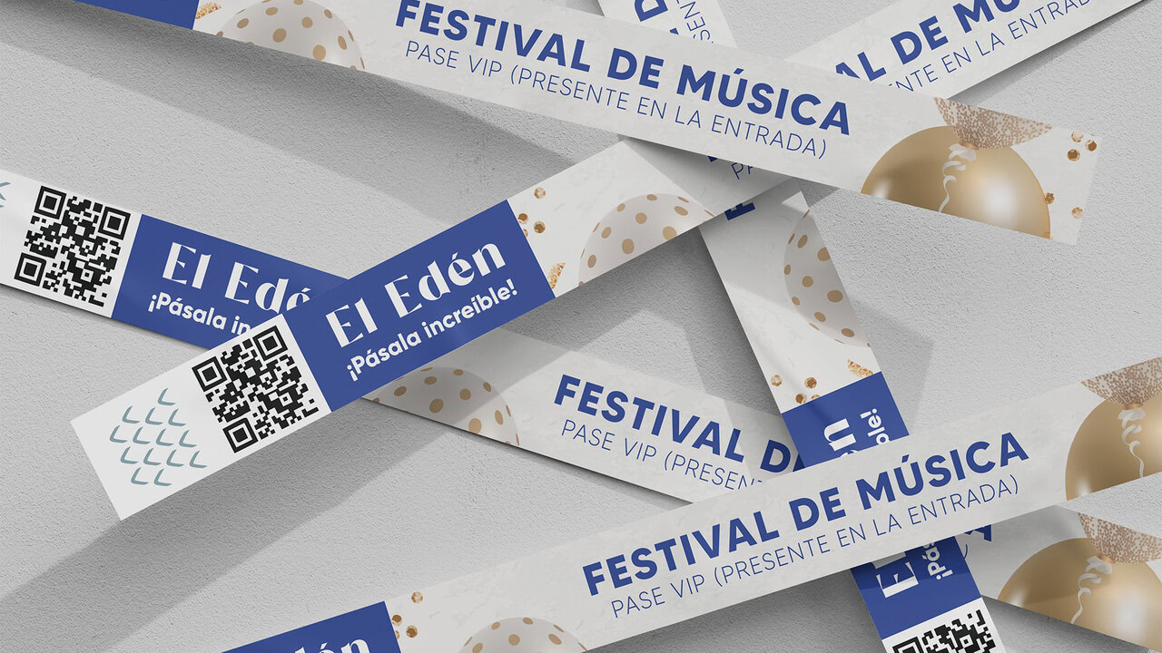 Nebly_ELEDEN_Pulseras_4 Pulseras o brazaletes de acceso para eventos en El Edén Salón de Fiestas. Diseño con el logotipo, eslogan y código QR. Identificación para eventos.
