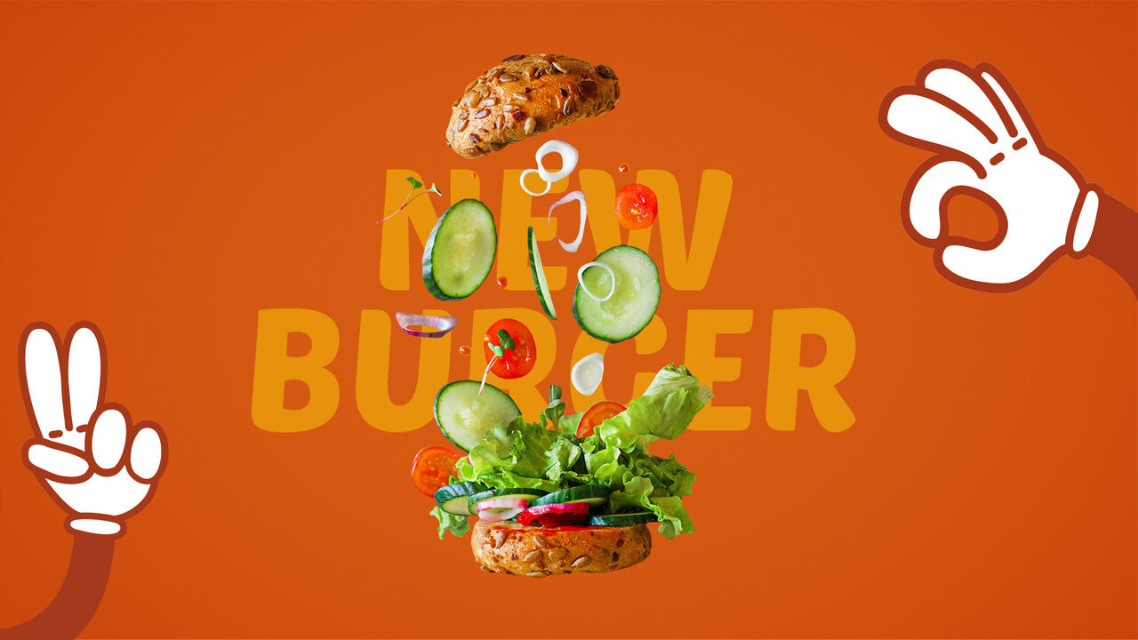 Nebly-Mr-Yoom-anuncio Hamburguesa flotando mientras sus ingredientes como lechuga, pepino, tomate, cebolla se disparan hacia arriba mostrándolos por separado sobre un fondo naranja oscuro.