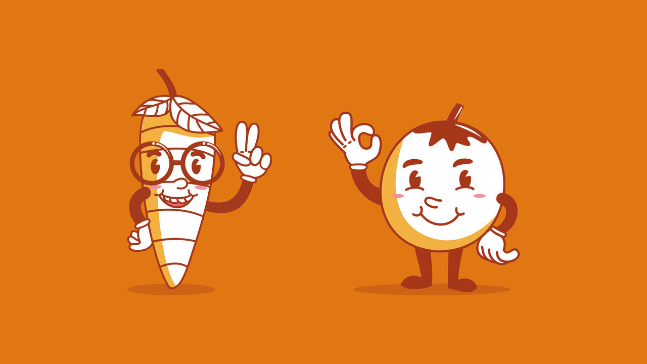 Nebly-Mr-Yoom-personajes Dos personajes: una zanahoria con lente y un tomate sobre un fondo naranja, el dibujo es estilo retro de los años 30.