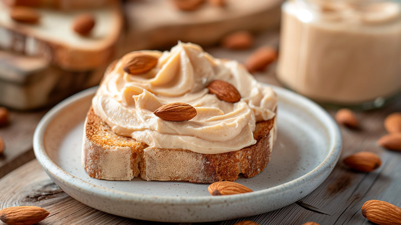 Nebly-Nekutli-Untable Rebana de pan tostado con una crema de almendra encima.
